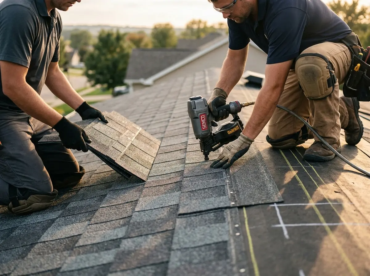 Professional roofer working on a residential roof in Summit View